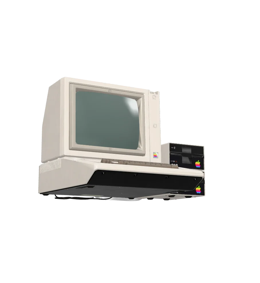 Kompakter Computer: ein Apple II mit Monitor, Tastatur und Diskettenlaufwerk.